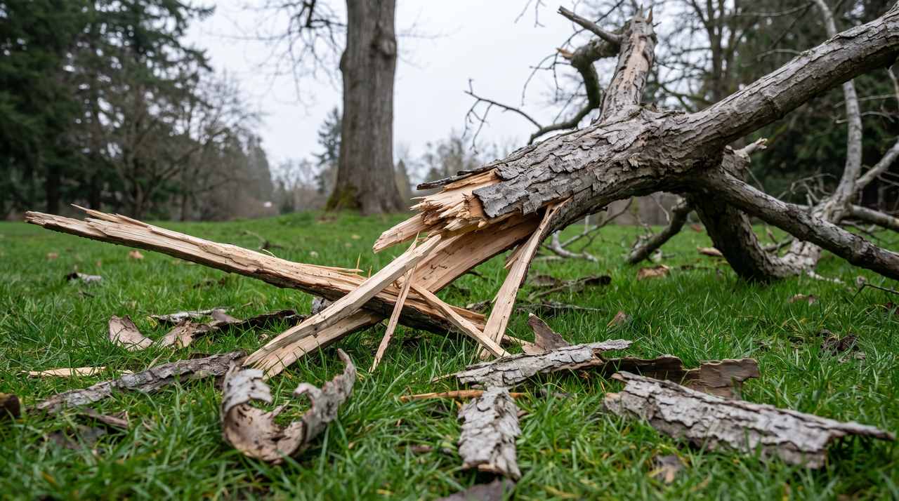 Heavy dead limb shattered on a wet lawn with splintered pale wood and loose grey bark scattered around it