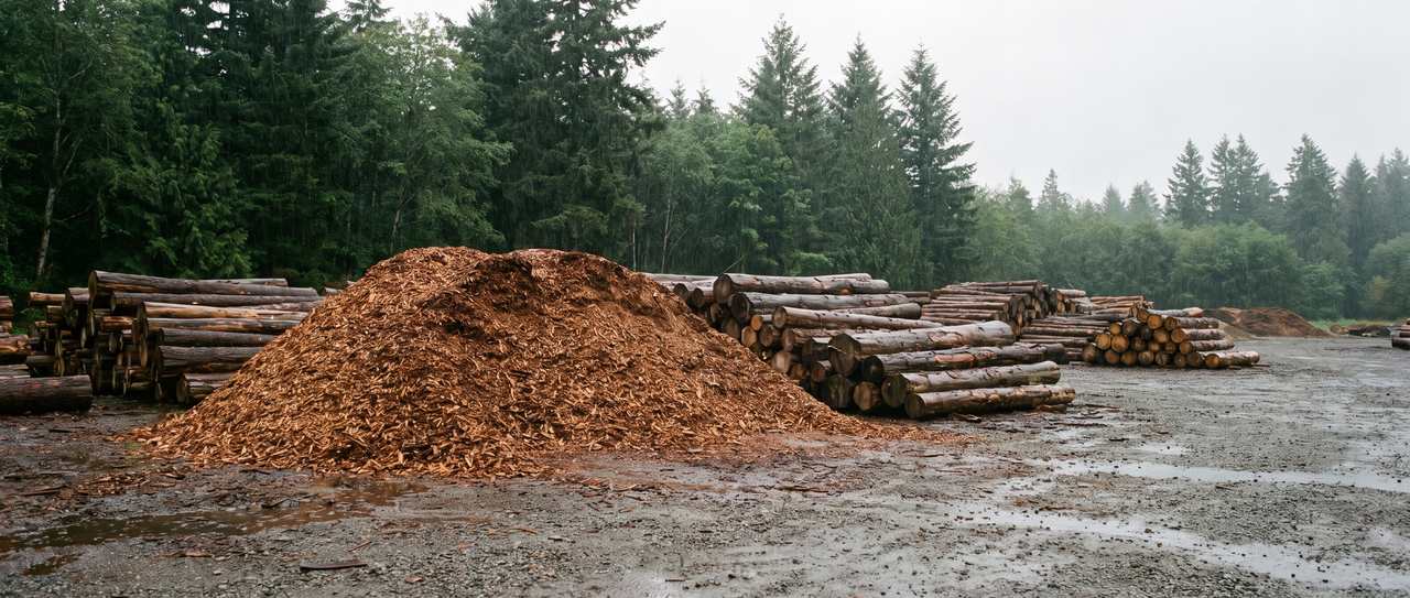 Large staging pile of fresh wood chips beside stacked cut hardwood logs at a gravel yard