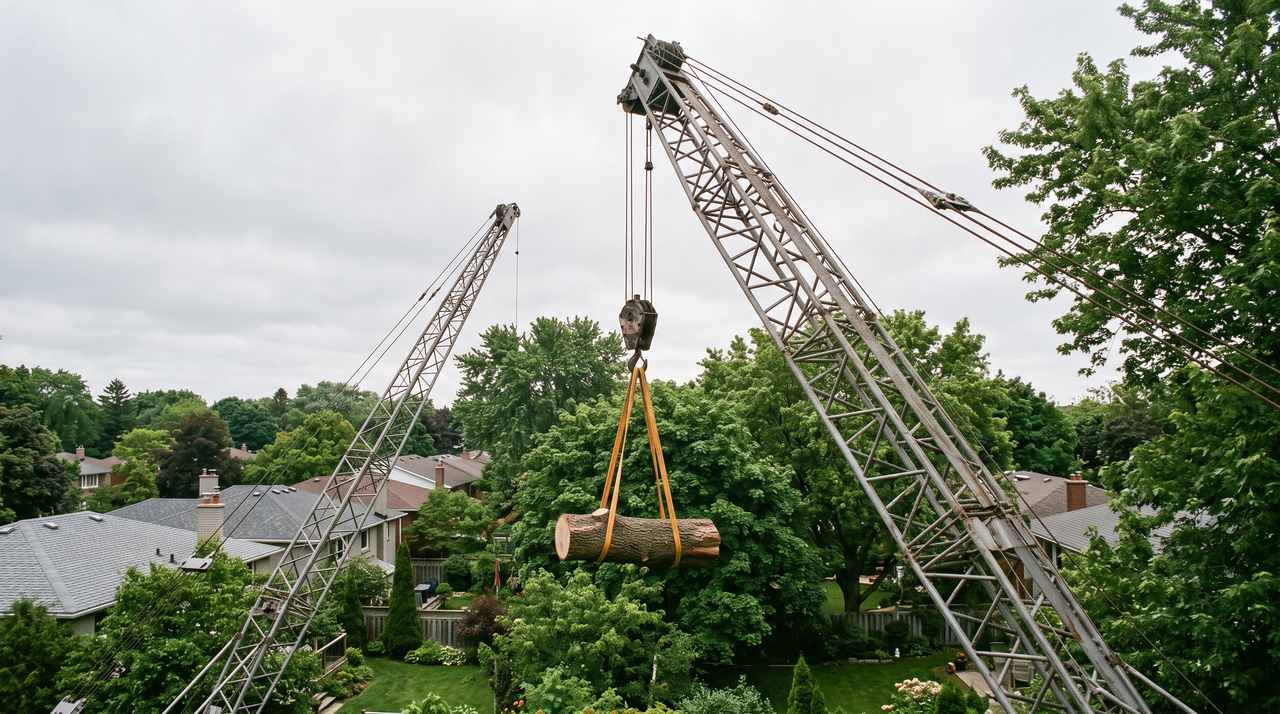 Crane boom and hook lifting a large cut log section clear of a residential back yard with rigging slings around the wood