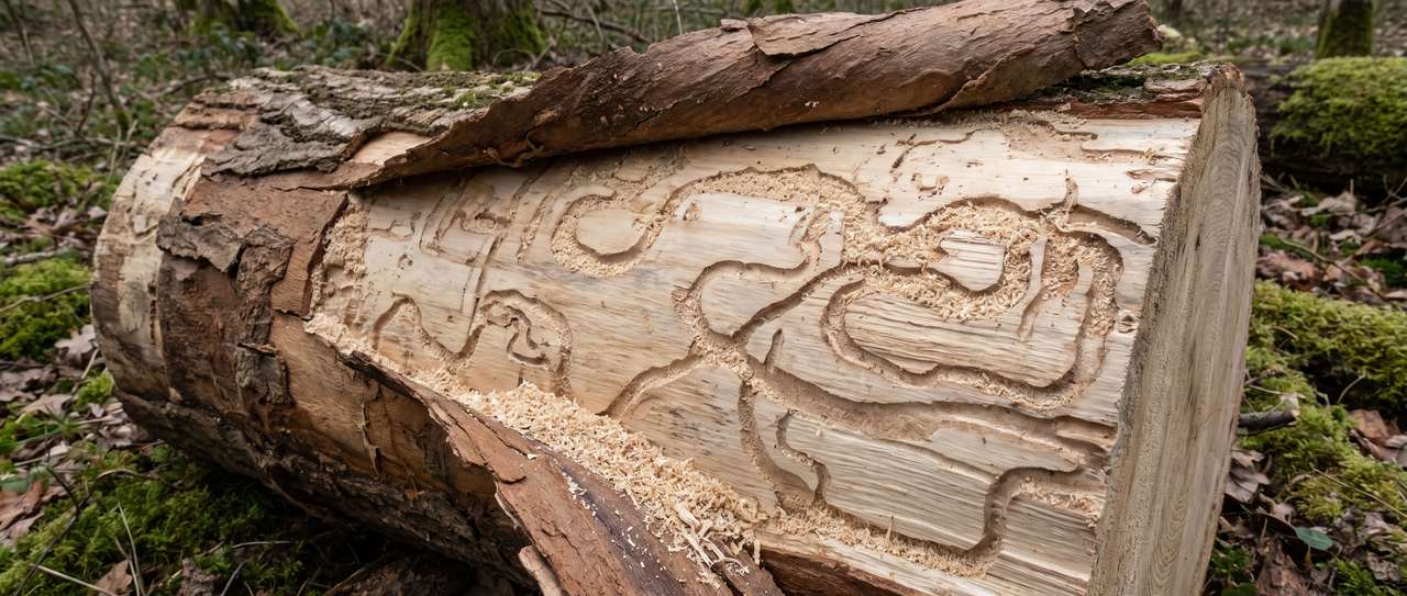Ash log with the bark peeled back showing winding S-shaped larval galleries carved into the pale sapwood
