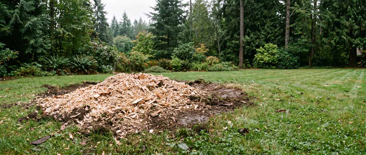 Wide mound of fresh pale wood grindings filling the hollow where a stump was removed on a residential lawn