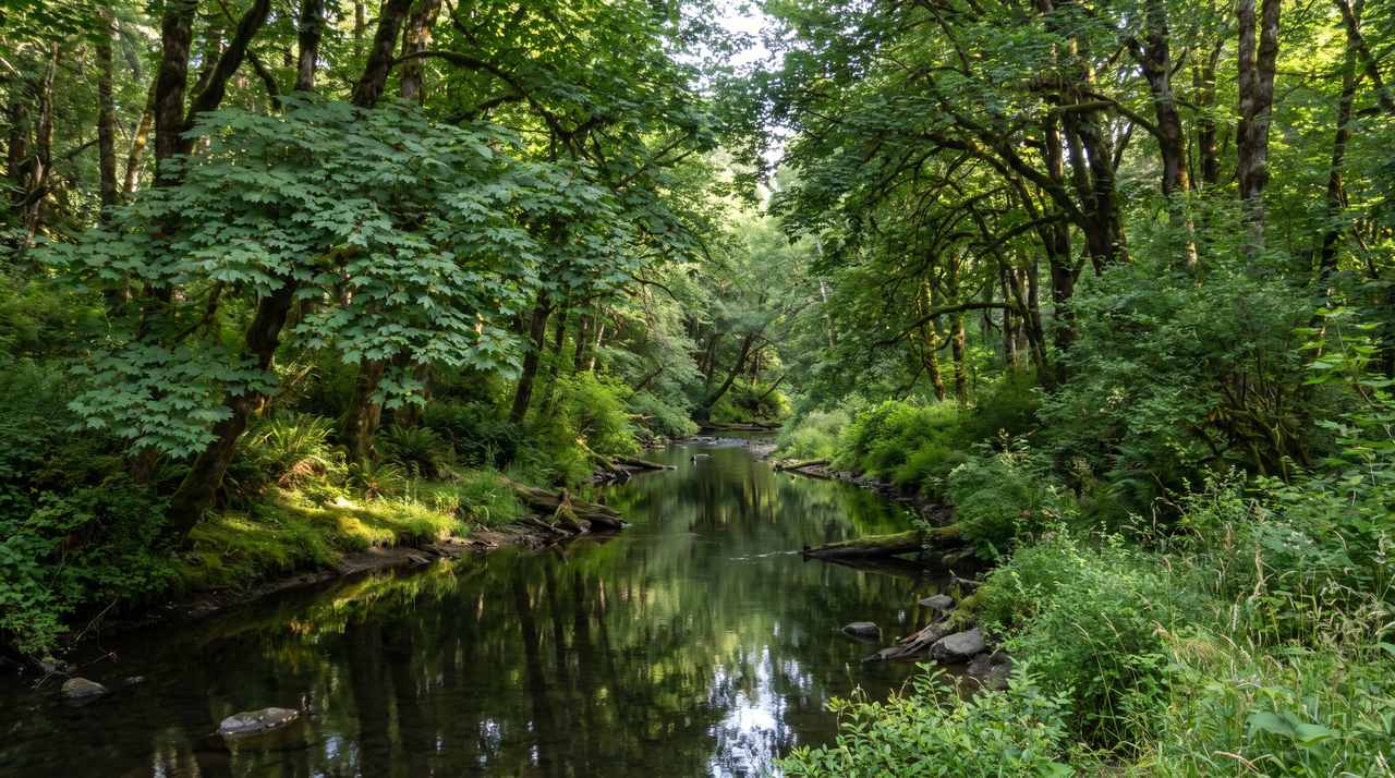 Tall Oregon ash trees crowding both banks of a narrow slow creek in a Willamette Valley bottomland