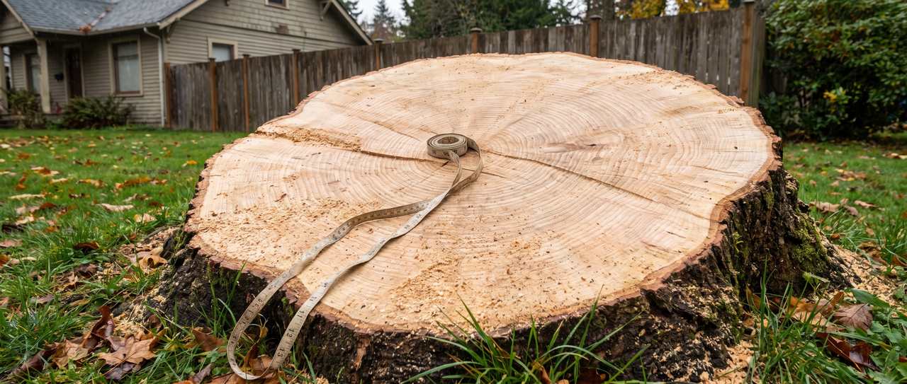 Large ash trunk cut flush to the ground on a residential lawn with the fresh pale cut face and growth rings visible